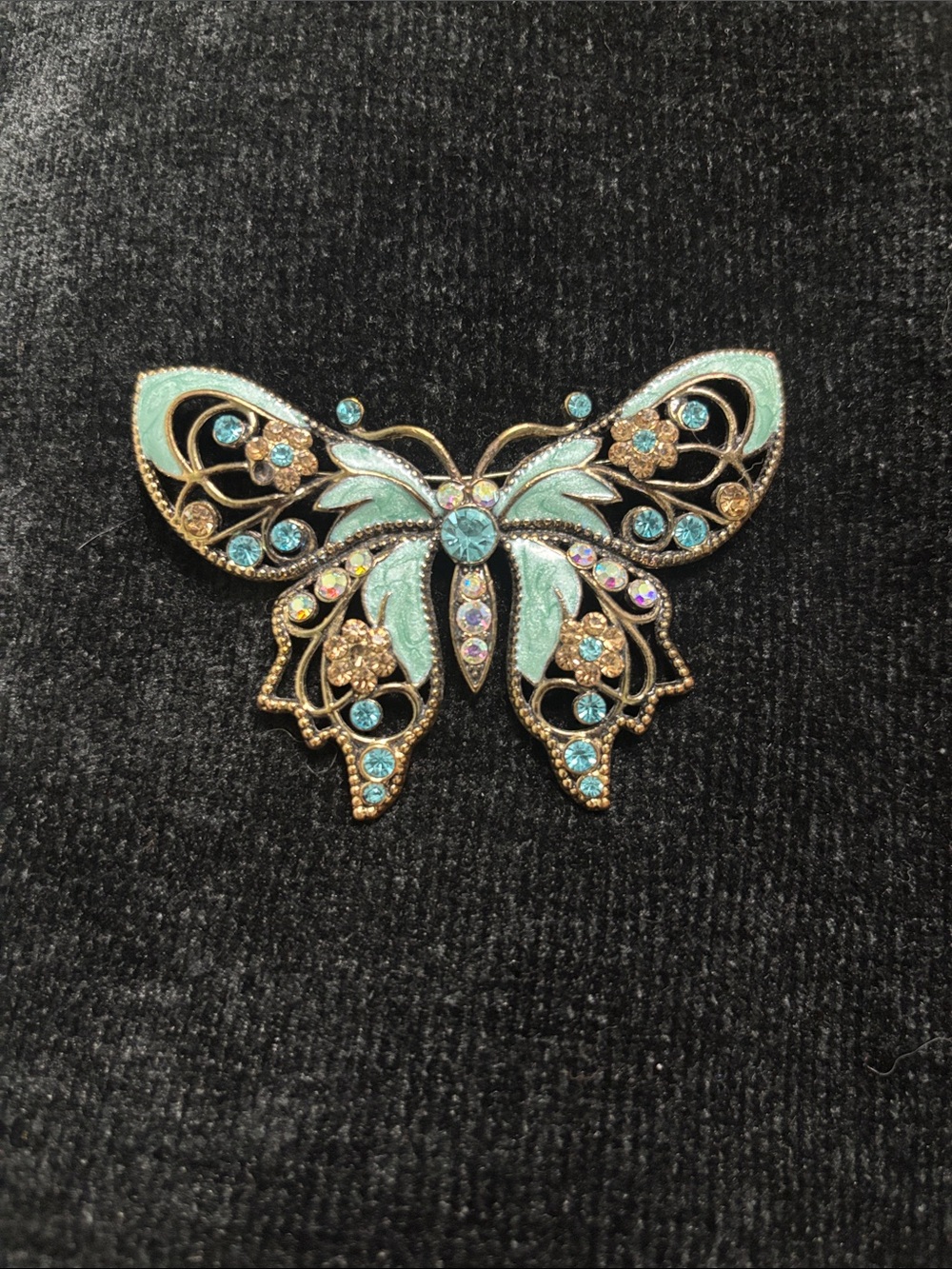 Avon Turquoise & Gold Butterfly Brooch with Rhinestones